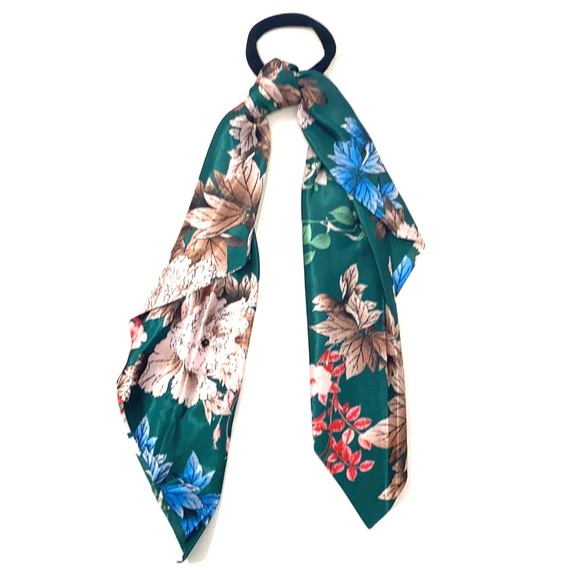 Green Floral Hair Scarf Ponytail Holder - Picture 2 of 5